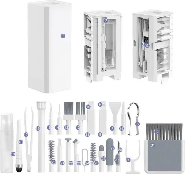 Main image of 32-in-1 Multi-Functional Cleaning Kit for Electronics inlcuding Headphones Mobile Phones Computer Monitor Lens and etc Compact and Portable Design White