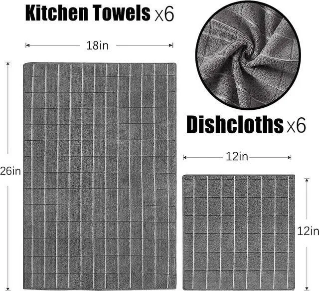 Alt view image 2 of 6 - Microfiber Kitchen Towels and Dishcloths Set 26 X 18 Inch and 12 X 12 Inch Set of 12 Bulk Lint Free Dish Towels for Drying Dishes Grey