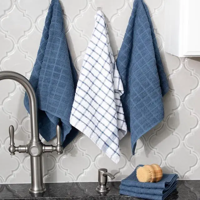 Alt view image 4 of 5 - Premium Kitchen Towel and Dish Cloth Value Set: Highly Absorbent Super Soft Long-Lasting 100% Cotton Checked and Solid Hand Towels Tea Towels Bar Towels - 6 Pack Federal Blue