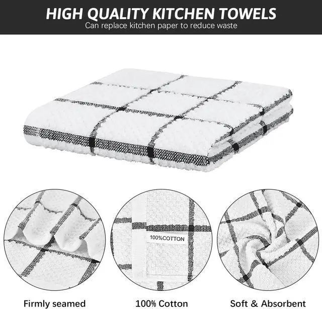 Alt view image 3 of 7 - 8 Pack Kitchen Dish Rags 100% Cotton Dish Cloths for Washing Dishes Quick Drying Kitchen Towels 12x12 Inches Black Plaid