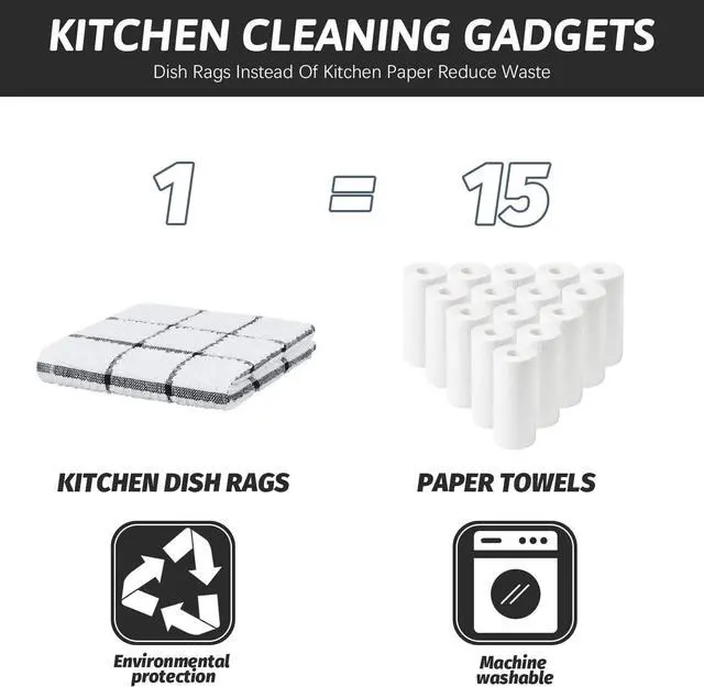 Alt view image 6 of 7 - 8 Pack Kitchen Dish Rags 100% Cotton Dish Cloths for Washing Dishes Quick Drying Kitchen Towels 12x12 Inches Black Plaid