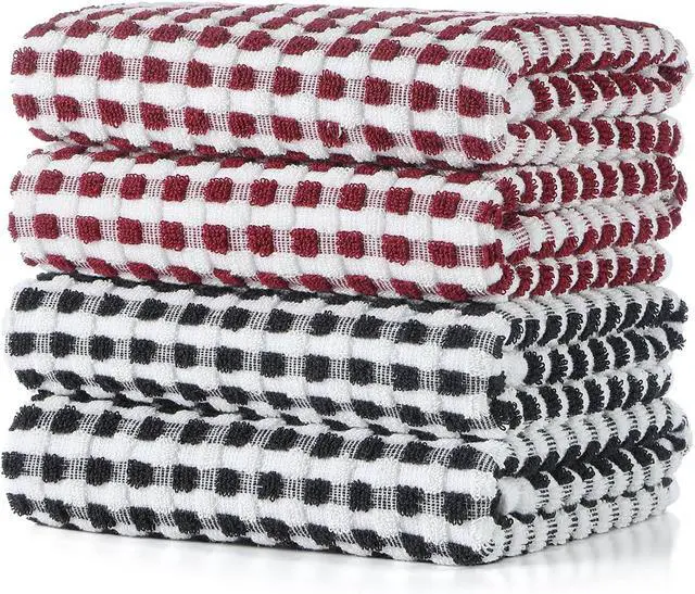 Main image of Cotton Dish Towels Cloths for Kitchen Drying Dishes Lattice Terry Kitchen Towels Highly Absorbent Kitchen Cloths with Hanging Loop 16 x 26 4 Packs Red and Black