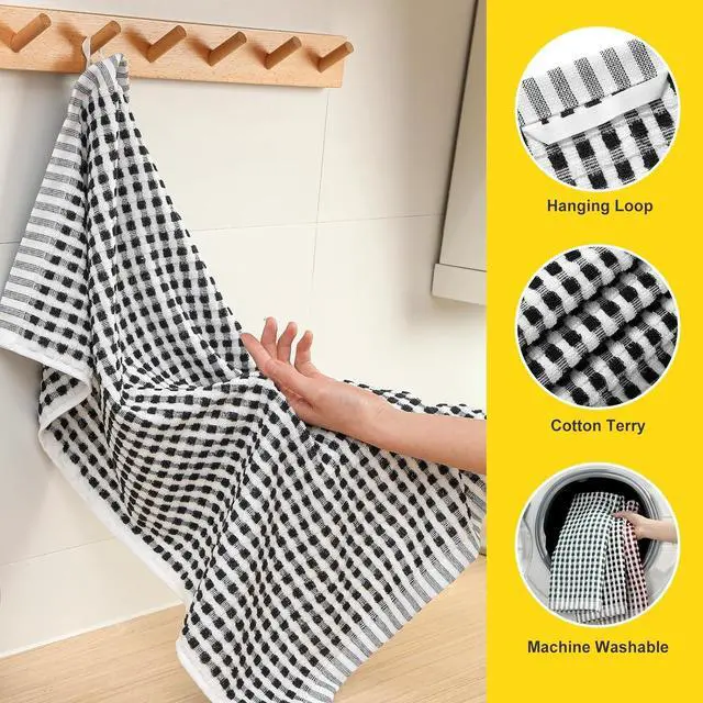 Alt view image 3 of 7 - Cotton Dish Towels Cloths for Kitchen Drying Dishes Lattice Terry Kitchen Towels Highly Absorbent Kitchen Cloths with Hanging Loop 16 x 26 4 Packs Red and Black