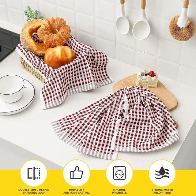 Alt view image 4 of 7 - Cotton Dish Towels Cloths for Kitchen Drying Dishes Lattice Terry Kitchen Towels Highly Absorbent Kitchen Cloths with Hanging Loop 16 x 26 4 Packs Red and Black
