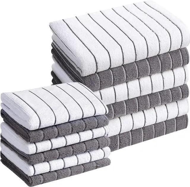 Main image of Microfiber Kitchen Towels and Dishcloths Set 26 X 18 Inch and 12 X 12 Inch Set of 12 Lint Free Dish Towels for Drying Dishes Gray and White