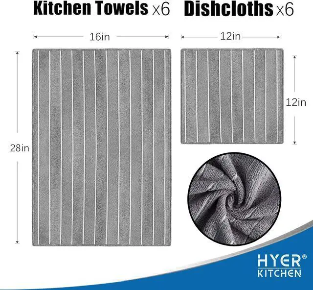 Alt view image 2 of 7 - Microfiber Kitchen Towels and Dishcloths Set 26 X 18 Inch and 12 X 12 Inch Set of 12 Lint Free Dish Towels for Drying Dishes Gray and White