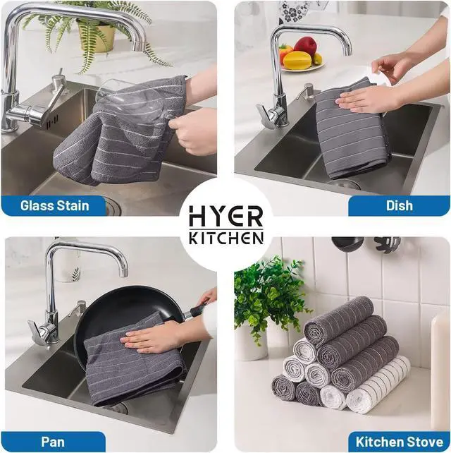 Alt view image 6 of 7 - Microfiber Kitchen Towels and Dishcloths Set 26 X 18 Inch and 12 X 12 Inch Set of 12 Lint Free Dish Towels for Drying Dishes Gray and White