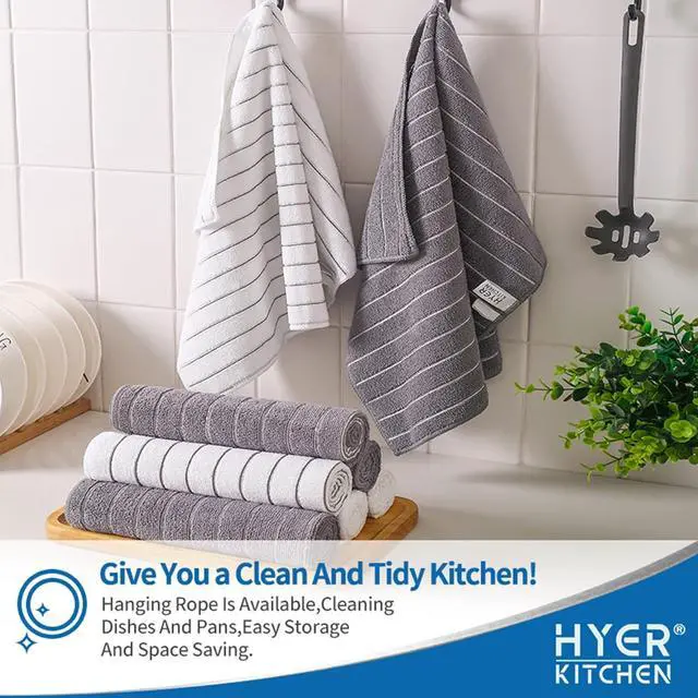 Alt view image 5 of 7 - Microfiber Kitchen Towels and Dishcloths Set 26 X 18 Inch and 12 X 12 Inch Set of 12 Lint Free Dish Towels for Drying Dishes Gray and White