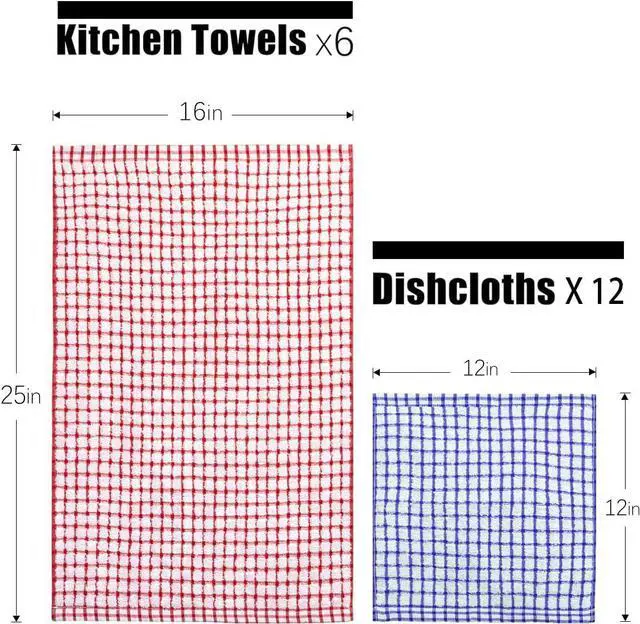 Alt view image 2 of 7 - 100% Cotton Kitchen Towels and Dishcloths Set Set of 18 Kitchen Towels Set 6Pcs 16 x 25 Inches and 12Pcs 12 x 12 Inches Checkered Designed Super Soft and Absorbent Kitchen Towels Sets