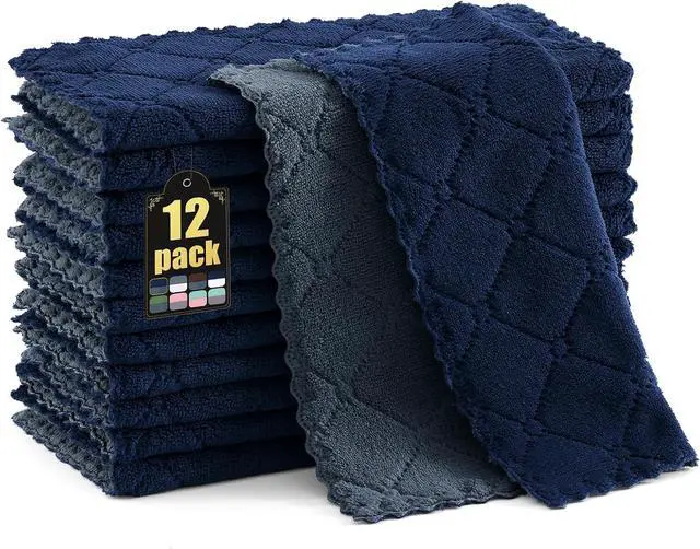 Main image of 12 Pack Kitchen Cloths Dish Towels (10 x 10 Dark Grey & Navy Blue) Super Soft and Absorbent Dish Cloths Coral Velvet Microfiber Cleaning Cloth Nonstick Oil Fast Dry Dishcloths