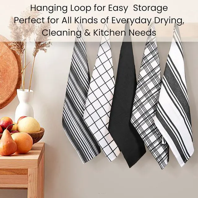 Alt view image 5 of 7 - Assorted Kitchen Towels 5 Pack C Soft Absorbent Quick Drying Table & Kitchen Linen - Dish Towels Dish Cloths Tea Towels and Cleaning Towels with Hanging Loop C 16x28 / Black White