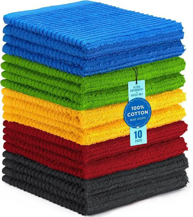 Main image of 100% Cotton Bar Mop Towels Kitchen Dish Cloths Multi-Purpose Cleaning Towels Ultra Absorbent Machine Washable Quick Dry Vibrant Assortment (Pack of 10)
