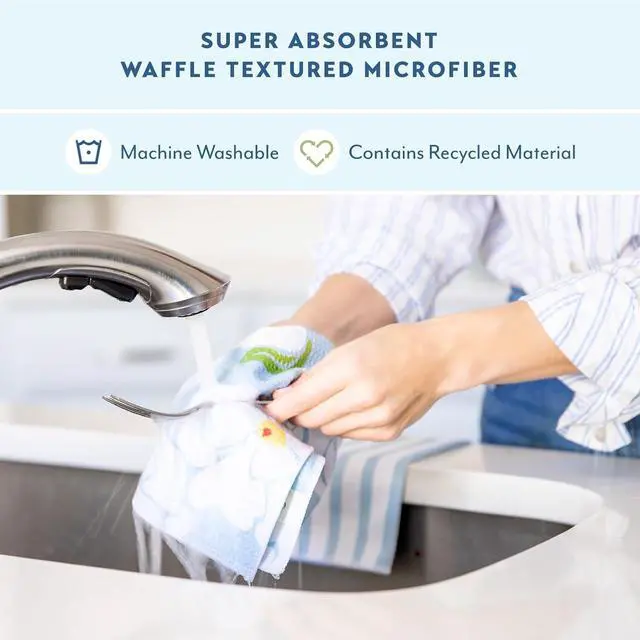 Alt view image 3 of 6 - Microfiber Kitchen Dish Cloth Set Quick-Dry & Absorbent Waffle Weave Cleaning Towels Set of 6 Wash Cloths Paper Towels & Sponge Alternative (Magnolias & Stripe)