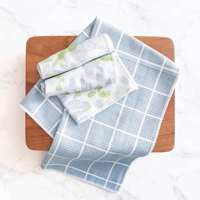 Alt view image 6 of 6 - Microfiber Kitchen Dish Cloth Set Quick-Dry & Absorbent Waffle Weave Cleaning Towels Set of 6 Wash Cloths Paper Towels & Sponge Alternative (Magnolias & Stripe)
