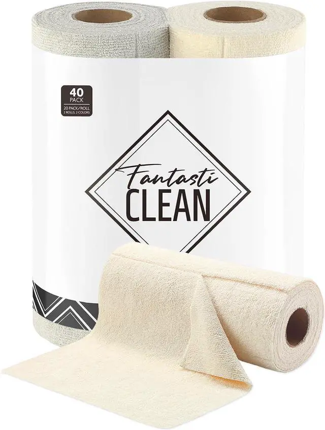 Main image of Tear-Away Dish Cloth - 40 Sheets - 10 by 10 Reusable Washable Kitchen Towel Rolls Super Absorbent and Thick Microfiber Cleaning Cloths (2 Rolls of Beige and Grayish)