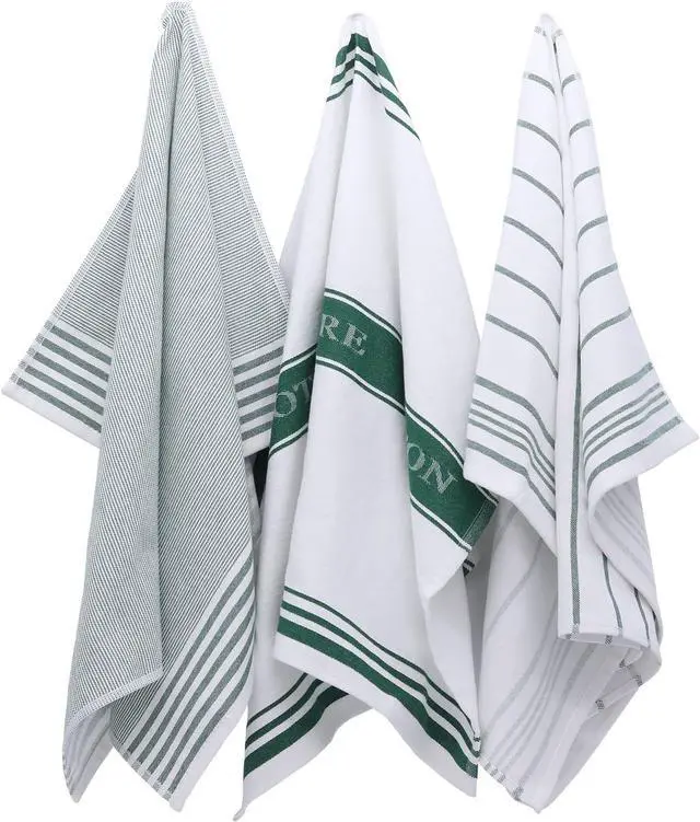 Main image of Classic Value Pack Kitchen Dish Towels/Tea Towels/Dishcloth - 100% Cotton Low Lint Professional Grade Kitchen Dish Towels Green- Striped - Set of 3