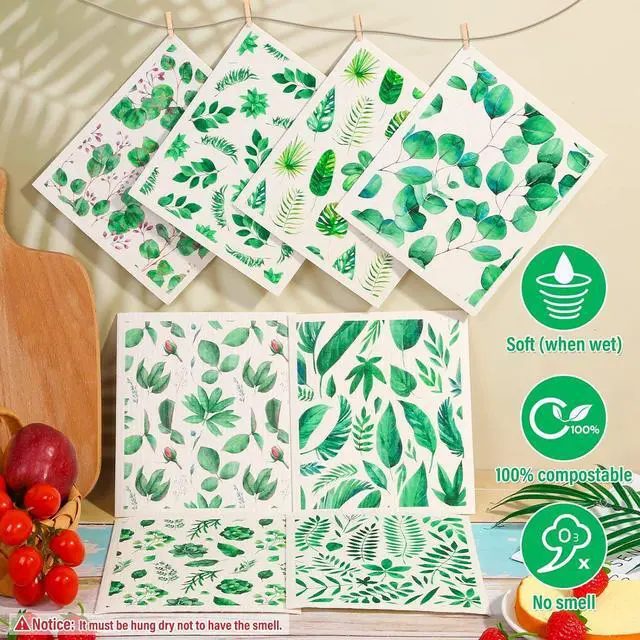 Alt view image 2 of 7 - 8 Pack Swedish Dish Cloths Washable Reusable Cleaning Kitchen Paper Towel Sponge Dishcloths Fast Drying Absorbent Hand Wipes Odorless Tea Towel for Kitchen Home Bar (Plants)