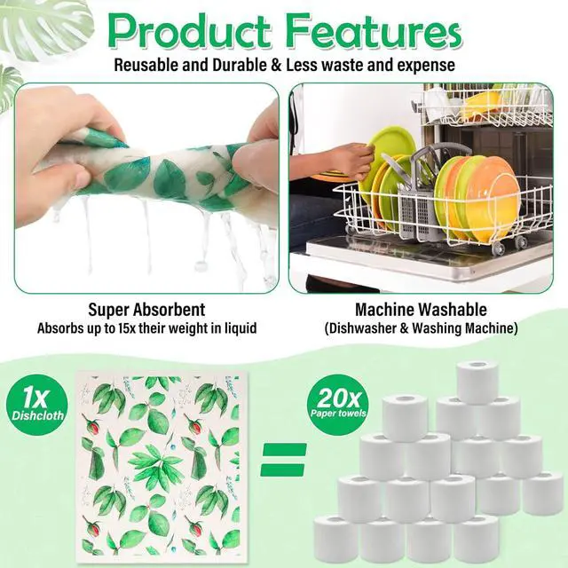 Alt view image 4 of 7 - 8 Pack Swedish Dish Cloths Washable Reusable Cleaning Kitchen Paper Towel Sponge Dishcloths Fast Drying Absorbent Hand Wipes Odorless Tea Towel for Kitchen Home Bar (Plants)