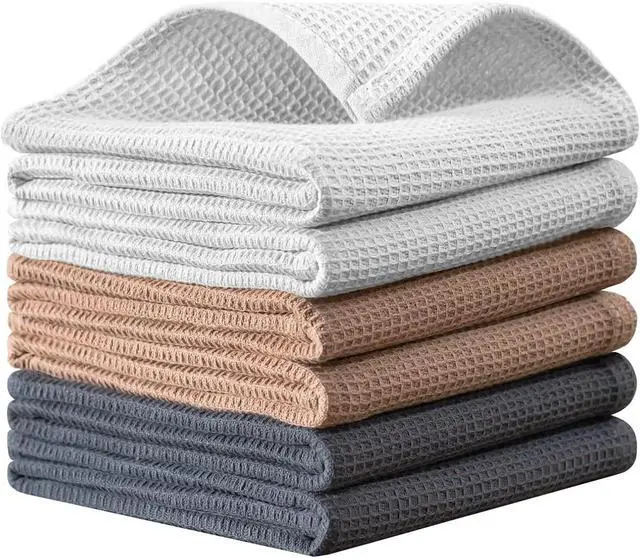 Main image of Dish Towels Set 100% Cotton Waffle Weave Kitchen Towels 6 Pack 14 x 14 Inches Dish Towels for Kitchen Super Absorbent for Drying and Cleaning (Khaki Light Gray Dark Grey)