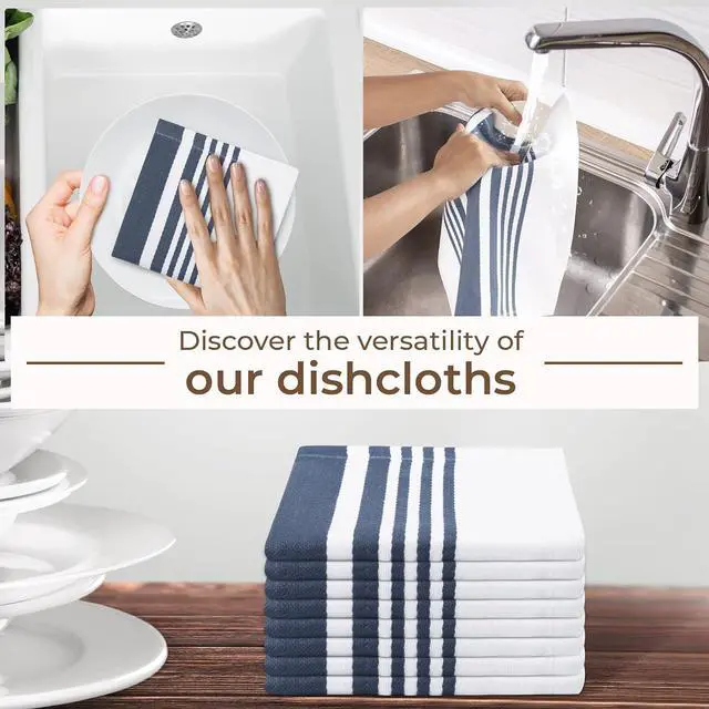 Alt view image 6 of 7 - Dish Cloth 100% Cotton Pack of 8 Highly Absorbent Quick Drying Soft Premium Dish Towels for Kitchen with Hanging Loop Hand & Tea Towels - 12x12 Inch (Indigo Blue & White Striped)