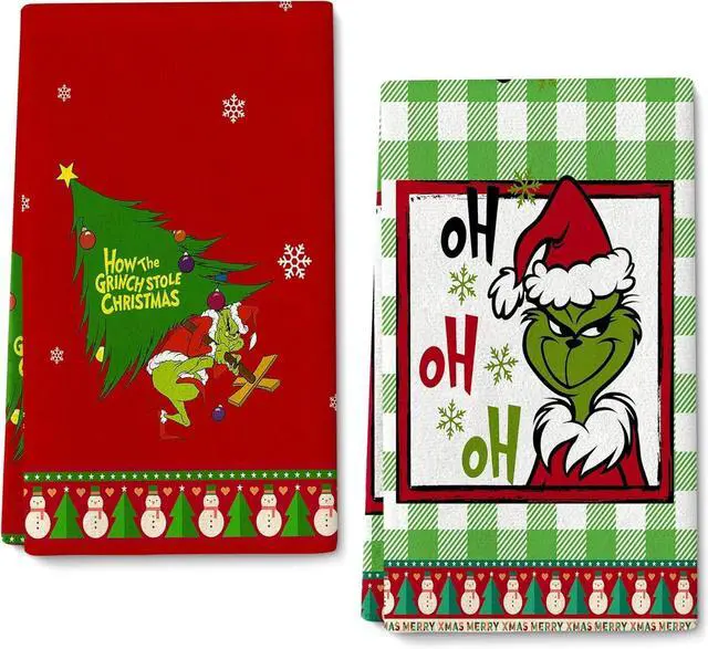 Main image of Cute Anime Christmas Dish Towels Decorative Xmas Kitchen Towels Set of 2 Soft Absorbent Green Red Christmas Tea Towels Hand Towels for Holiday Decoration or Gifts