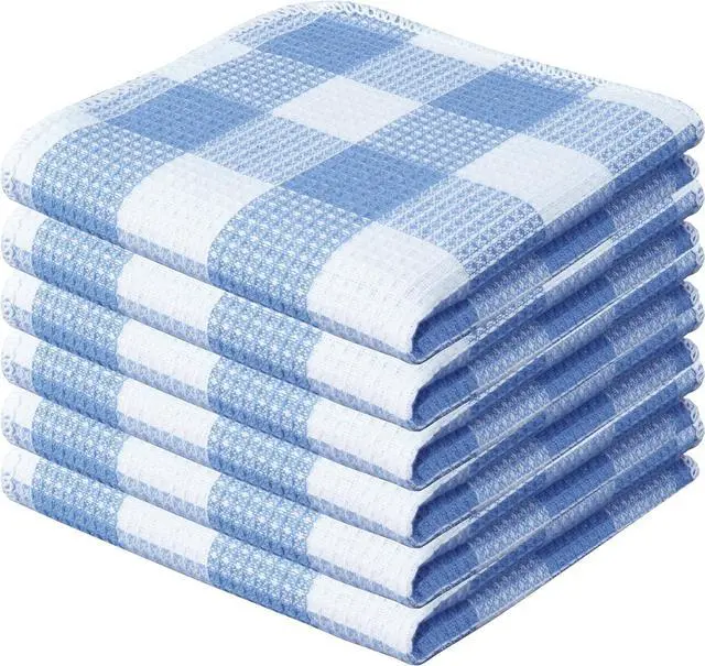 Main image of Waffle Weave Plaid Dish Cloths 100% Cotton - 12 x 12 Inches Ultra Soft Absorbent Quick Drying Dish Towels Buffalo Check Dish Rags for Kitchen 6 Pack - Spring Summer Easter - Light Blue and White