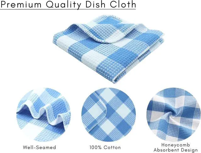 Alt view image 5 of 6 - Waffle Weave Plaid Dish Cloths 100% Cotton - 12 x 12 Inches Ultra Soft Absorbent Quick Drying Dish Towels Buffalo Check Dish Rags for Kitchen 6 Pack - Spring Summer Easter - Light Blue and White
