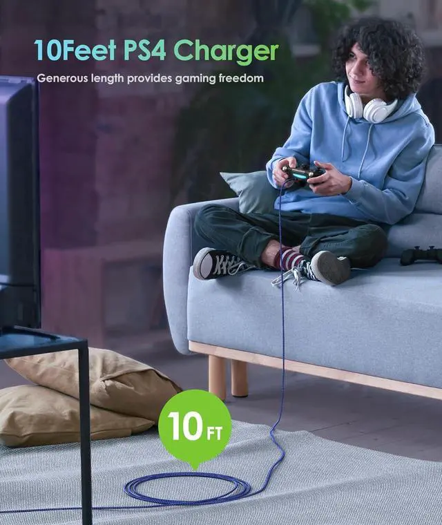 Alt view image 2 of 6 - PS4 Controller Charger Charging Cable 2 Pack 10ft Extra Long Micro USB 2.0 Cable Nylon Braided Cord for PS4 PS4 Slim/Pro Xbox One S/X Controller Android Phones Black+Blue