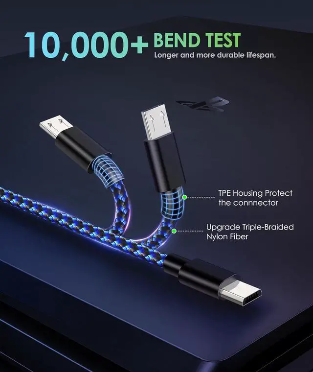 Alt view image 3 of 6 - PS4 Controller Charger Charging Cable 2 Pack 10ft Extra Long Micro USB 2.0 Cable Nylon Braided Cord for PS4 PS4 Slim/Pro Xbox One S/X Controller Android Phones Black+Blue
