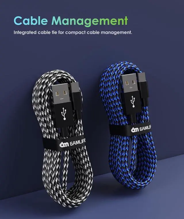 Alt view image 4 of 6 - PS4 Controller Charger Charging Cable 2 Pack 10ft Extra Long Micro USB 2.0 Cable Nylon Braided Cord for PS4 PS4 Slim/Pro Xbox One S/X Controller Android Phones Black+Blue