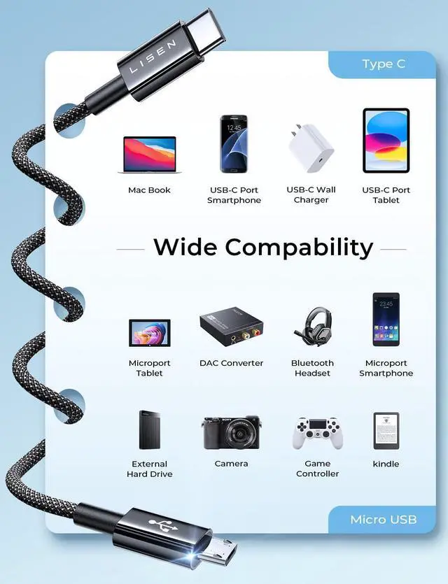 Alt view image 4 of 7 - USB C to Micro USB Cable[3.3ft 2-Pack] Nylon Braided Micro USB Cable Ps4 Controller Charger Cable Micro USB Kindle Charger Cord Fits PS4/Xbox One/Android Phone and  S7 S6 S5