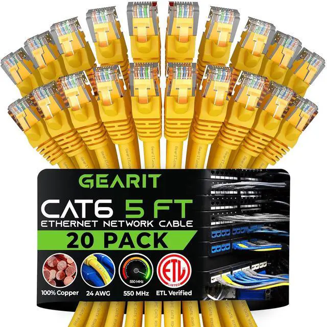 Main image of Cat 6 Ethernet Cable (20-Pack 5 Feet) Cat6 Network Patch 10Gbps RJ45 Snagless Cord Gold-Plated Connectors Internet for PC TV Tablet Router Printer Servers IT Data Center - Yellow
