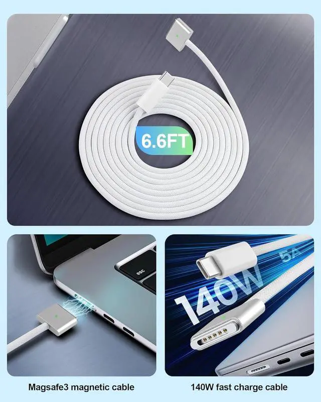 Alt view image 2 of 7 - 140W USB-C to Magnetic 3 Charging Cable Compatible with MacBook Air 2023/2022 (M2) MacBook Pro 2021-2023(M3 M2 M1 14-16 inches) 6.6 feet