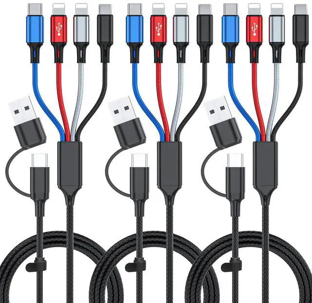 Main image of 6 in 1 Multi Charging Cable 3Pack-6FT Multi USB Cable 3A Multi Charger Cable Braided Multiple Phone Charger Cable Universal USB A/C Charging Cord with 2*IP/Type C/Micro USB Port for Cell Phone/Tablets