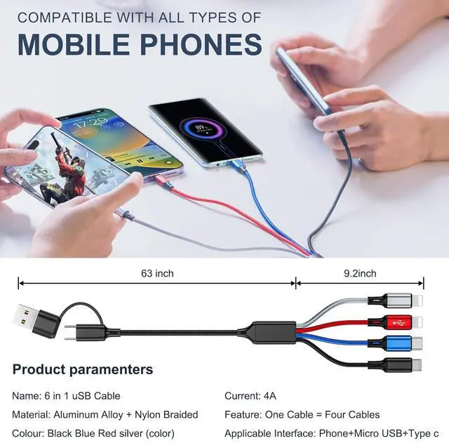 Alt view image 5 of 7 - 6 in 1 Multi Charging Cable 3Pack-6FT Multi USB Cable 3A Multi Charger Cable Braided Multiple Phone Charger Cable Universal USB A/C Charging Cord with 2*IP/Type C/Micro USB Port for Cell Phone/Tablets
