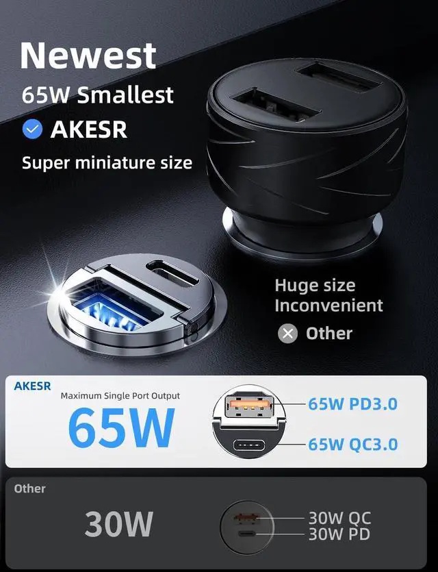 Alt view image 2 of 7 - 65W USB C Car Charger Fast Charging12V USB Outlet Accesorios para CarroCompact Cigarette Lighter AdapterCar Phone Charger for iPhone/16/15/14/13/12  S25 S24 S23Google Android