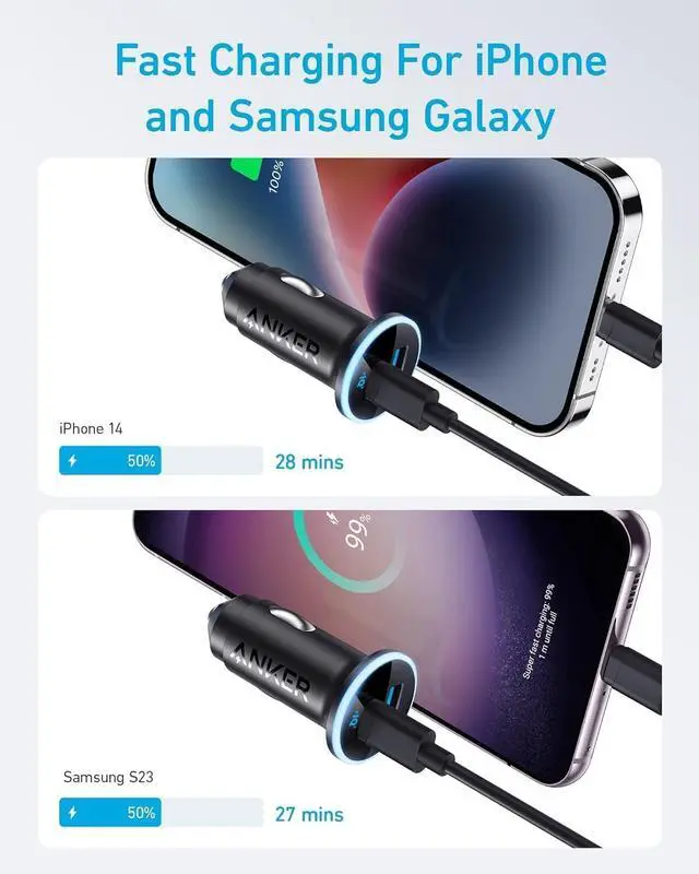 Alt view image 2 of 6 - 323 USB-C Car Charger Adapter 52.5W Cigarette Lighter Charger with 30W PowerIQ 3.0 Fast Charging for iPhone 15/15 Pro Max 14/13/12 Series Galaxy S23/22 Pixel