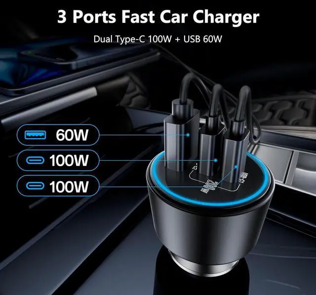 Alt view image 3 of 7 - USB C Car Charger Fast Charging 200W Dual PD 100W Type C Car Charger PD3.0/QC4.0/PPS Cigarette Lighter Adapter for iPhone 16/15/14/13/12 Galaxy S22/S21 Ultra MacBook Laptop etc