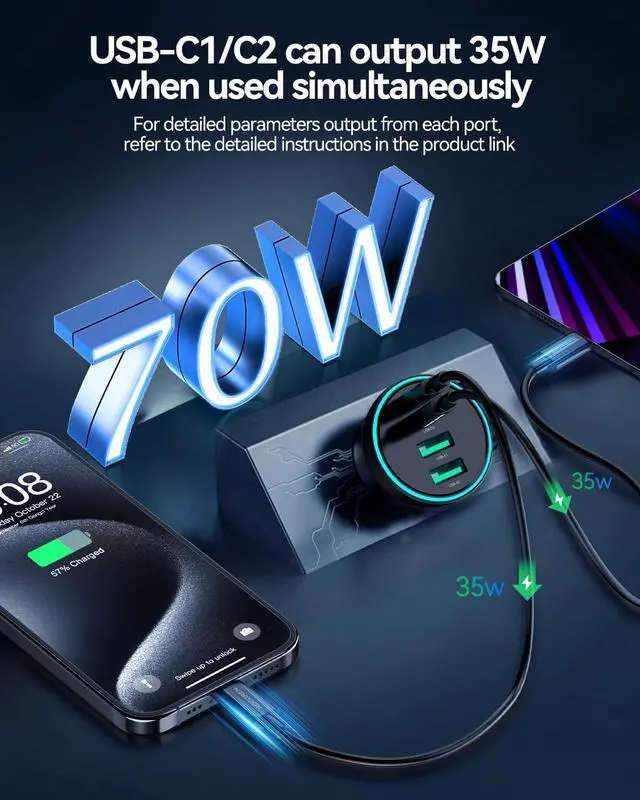 Alt view image 2 of 7 - 70W USB C Car Charger 4-Port PD Super Fast Charging Type C Car Charger for Multiple Devices Cigarette Lighter Adapter USBC Phone Adapter for iPhone 16/16e/15 Pro Max  S25/S24 Piexl