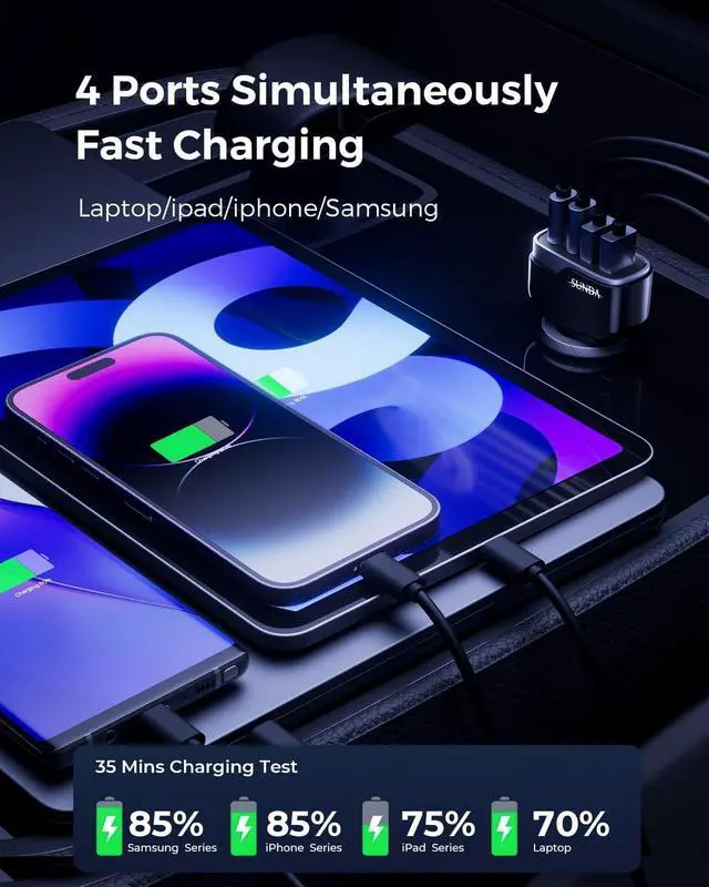 Alt view image 3 of 7 - 120W USB C Fast Car Charger 4-Ports Car Charger Adapter Dual Type C PD60W/PPS60W Compatible with iPhone16/15 Pro/Max/iPhone14/Galaxy/S24 Dual USB-A 30W QC3.0 for Android(Black)