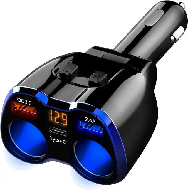 Main image of Car Charger 150W 2-Socket Cigarette Lighter Splitter QC 3.0 Dual USB Ports 1 USB C Fast Car Adapter with Separate Switch LED Voltmeter Replaceable 15A Fuse for GPS/Dash Cam/Phone/iPad