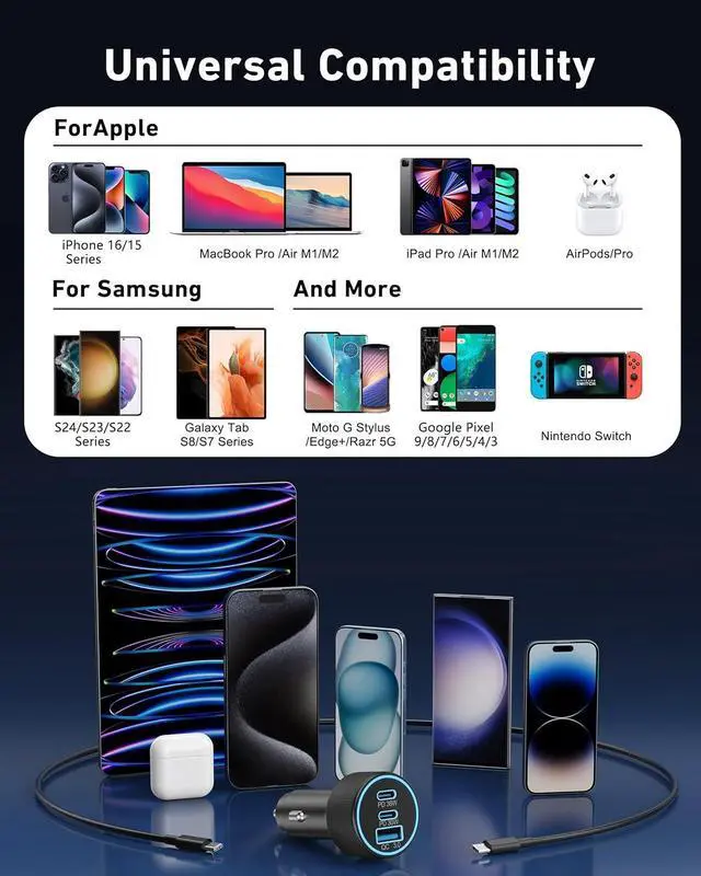 Alt view image 6 of 7 - 67W 3-Port Super Fast Type C Car Charger USB C for  Galaxy S25 S24 S23 S22 S21 Ultra iPhone 16/15 Pro Max Pixel Android PD/QC Car Phone Adapter Accessories for Men Women + 3FT USB-C Cable
