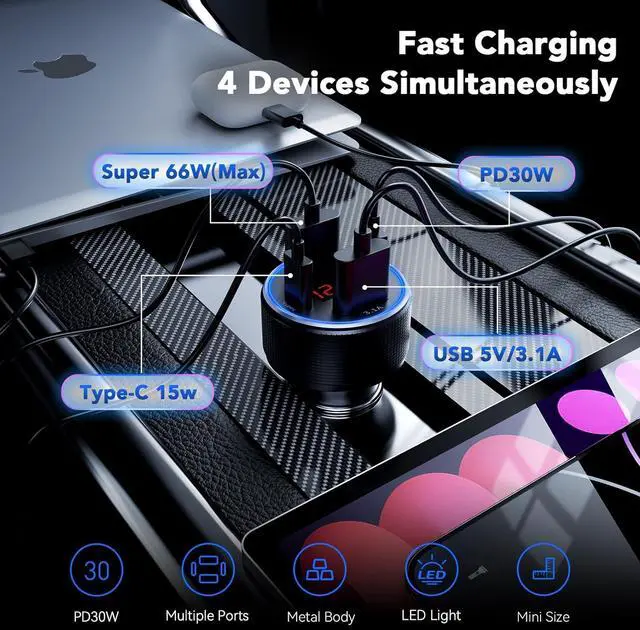 Alt view image 2 of 7 - USB C Car Charger 4-Port 78W Dual USB C Car Charger Adapter Cigarette Lighter Power Adapter with Voltmeter Type C Phone Automobile Accessories for iPhone 16/15/14/13/12  Galaxy iPad