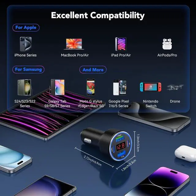 Alt view image 6 of 7 - USB C Car Charger 4-Port 78W Dual USB C Car Charger Adapter Cigarette Lighter Power Adapter with Voltmeter Type C Phone Automobile Accessories for iPhone 16/15/14/13/12  Galaxy iPad