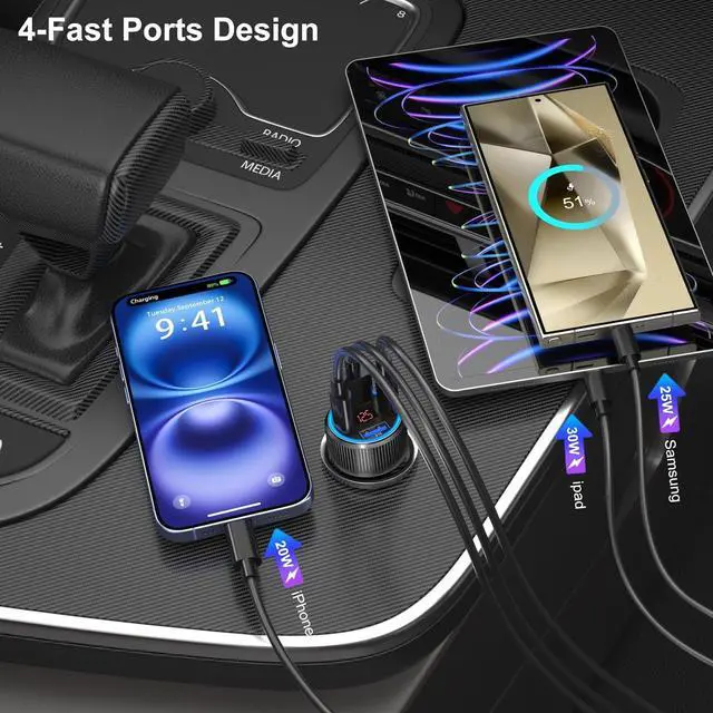 Alt view image 3 of 7 - USB C Car Charger 3 Pack, Costyle 65W 4 Port Car Power Adapter with Voltmeter PD 30W/QC 3.0 Fast Charging Cigarette Lighter USB Charger Plug for iPhone 16/15/14/13/12/11 Pro Max/Pad,Android(Black)