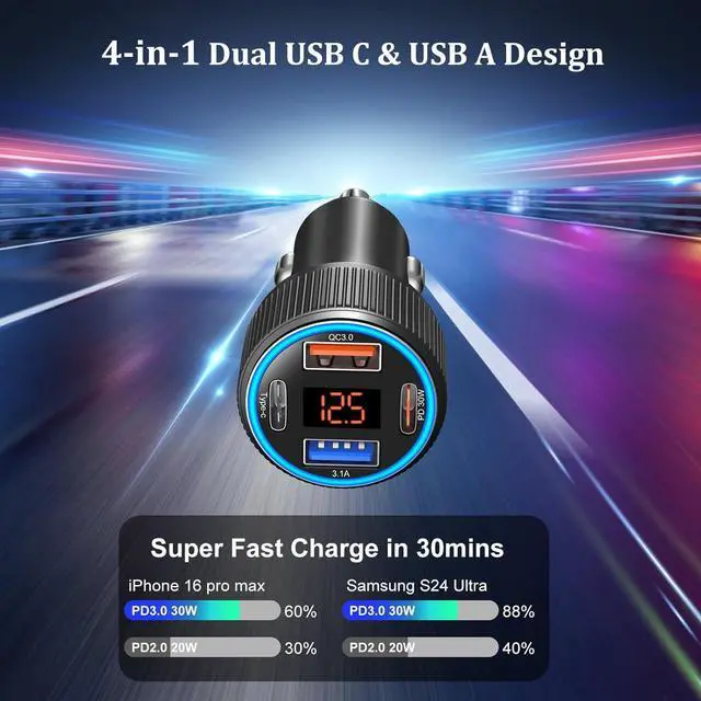Alt view image 2 of 7 - USB C Car Charger 3 Pack, Costyle 65W 4 Port Car Power Adapter with Voltmeter PD 30W/QC 3.0 Fast Charging Cigarette Lighter USB Charger Plug for iPhone 16/15/14/13/12/11 Pro Max/Pad,Android(Black)
