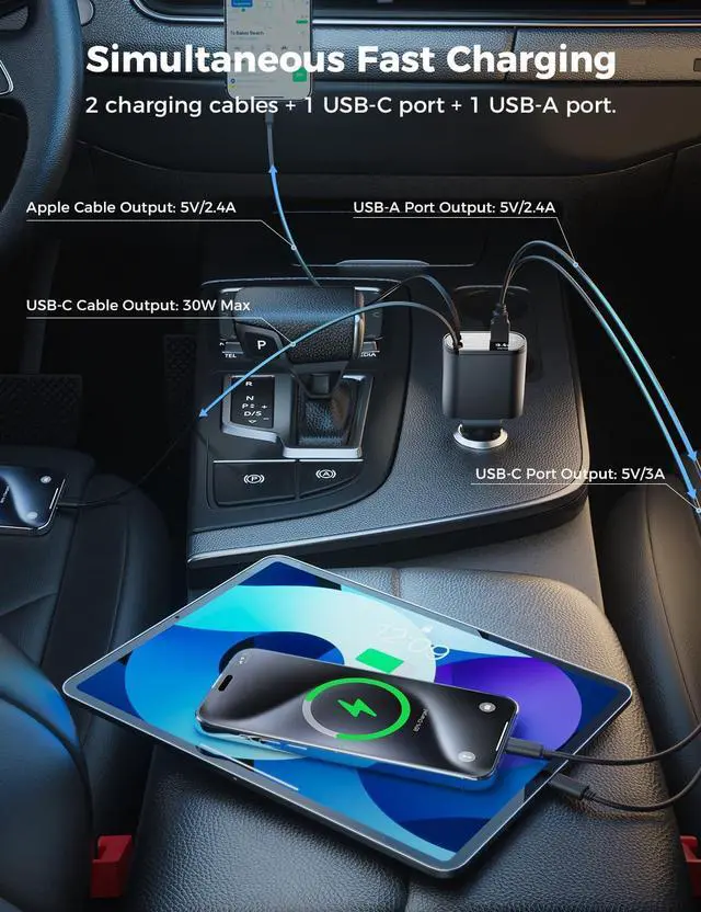 Alt view image 5 of 7 - Upgraded Retractable Car Charger 4 in 1 Fast Car Phone Charger with Cord 2.6ft USB C and  Car Adapter Compatible with iPhone 16 15/15 Pro Max/14/13/12/11 Galaxy Pixel