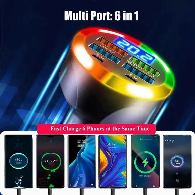 Alt view image 3 of 7 - Super Fast Charge USB C Car Phone Charger Adapter 6 in 1 with Voltage Display 250W Multi Port Cigarette Lighter USB Charger with Volt Meter for iPhone 16 15 Pro Max 14 Plus 13 Samsung Android Phone
