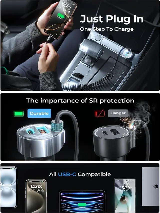 Alt view image 3 of 7 - 65W Car Charger USB C Fast Charging for iPhone 16 15 Pro Max Super Fast Type C Car Charger Adapter Fit iPhone 16e 15 Pro Max Plus iPad Pro  Galaxy S25 S24 Ultra Pixel Android Black