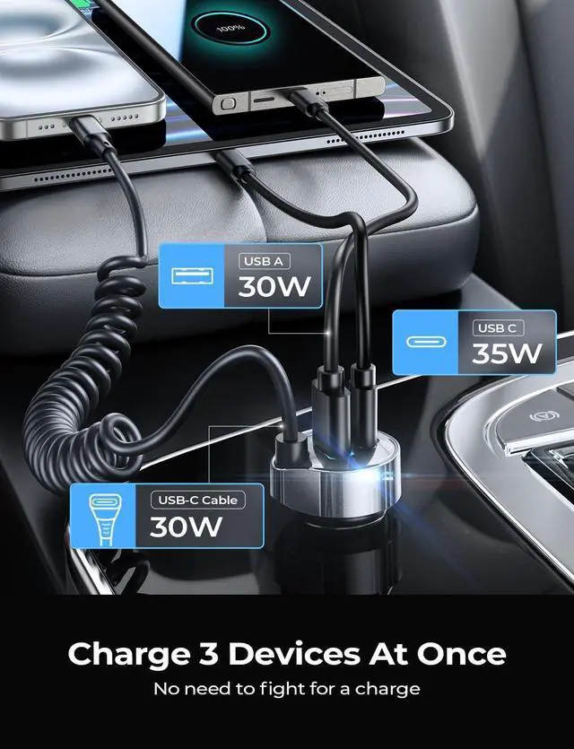 Alt view image 5 of 7 - 65W Car Charger USB C Fast Charging for iPhone 16 15 Pro Max Super Fast Type C Car Charger Adapter Fit iPhone 16e 15 Pro Max Plus iPad Pro  Galaxy S25 S24 Ultra Pixel Android Black